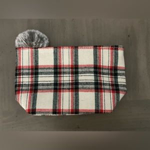 Plaid Cosmetic Pouch with Pom Pom Zipper